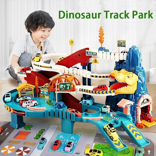 HAPPY HUES Dinosaur Toy Car Race Track Set with 4 Mini Cars for Kids Aged 3+ (Pack of 2) - Image 3