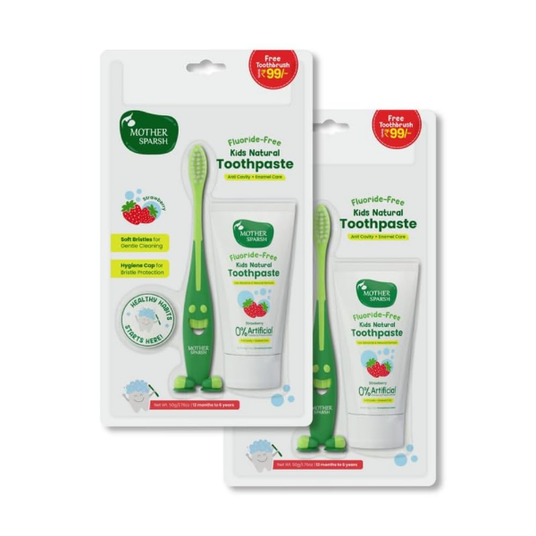Mother Sparsh Natural Kids Toothpaste 300g With Free Toothbrush, Strawberry for 1-6 Years (Pack of 6)