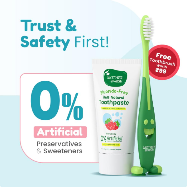 Mother Sparsh Natural Kids Toothpaste 300g With Free Toothbrush, Strawberry for 1-6 Years (Pack of 6) - Image 3