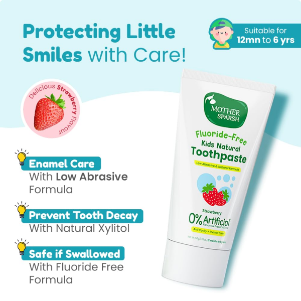 Mother Sparsh Natural Kids Toothpaste 300g With Free Toothbrush, Strawberry for 1-6 Years (Pack of 6) - Image 4
