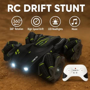 VEBETO Remote Control Drift Stunt Car with 360° Rotation, RGB Lights and Music (Pack of 2)