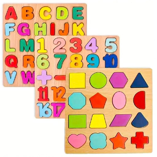 3Pcs Wooden Alphabet, Number And Shape Puzzle Board Set For Children (Pack of 2)